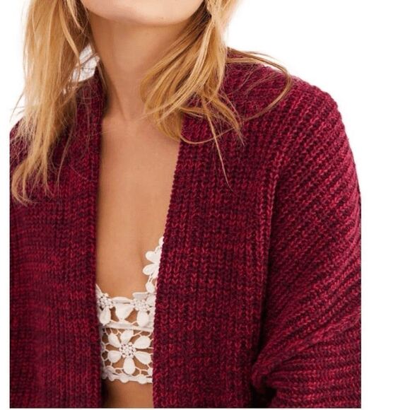 FREE PEOPLE High Hopes Cardigan Red Slouchy Chunky Knit Ribbed Cuff Open Front S - Picture 2 of 11